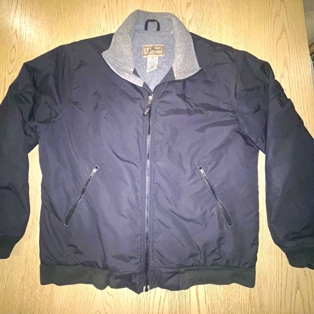 Vintage LL Bean Warm Up Jacket Mens L Black Gray Fleece Lined Bomber Full Zip